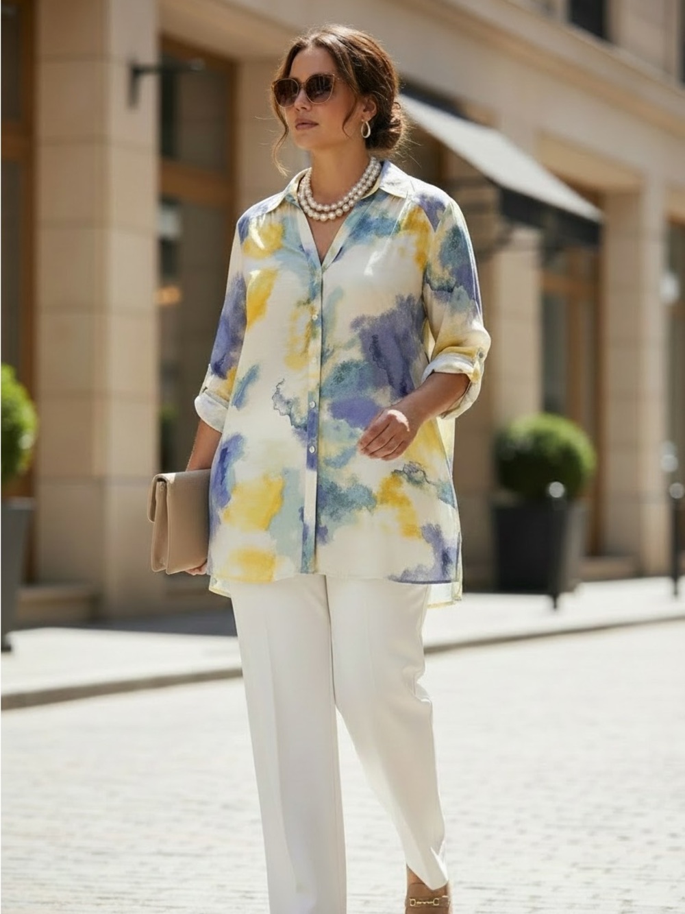 INC Int.Concepts Silk-Like Button Front Watercolour Flowy Vibrant Tunic Top